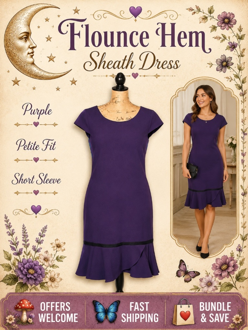 Karl Lagerfeld Paris Purple Sheath Dress Flounce Hem 14P Petite